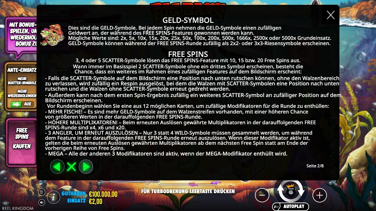Spielregeln von Big Bass Reel Repeat: Geld-Symbole, Freispiele und die Modifikator-Karten Mehr Fische, Höhere Multiplikatoren, 3 Angler und Mega