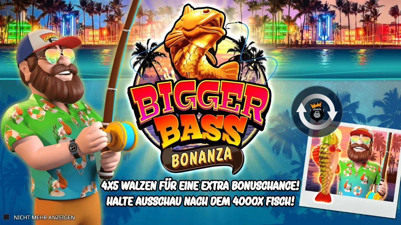 Intro von Bigger Bass Bonanza: 4x5 Walzen für eine extra Bonuschance, halte Ausschau nach dem 4000x Fisch