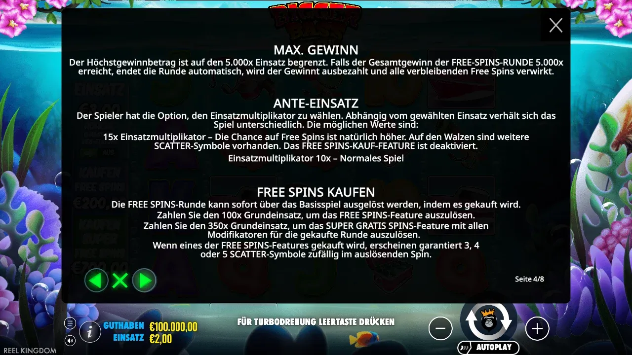 Spielregeln von Bigger Bass Splash: Höchstgewinn 5.000x, Ante-Einsatz 15x und die Kaufoptionen 100x und 350x