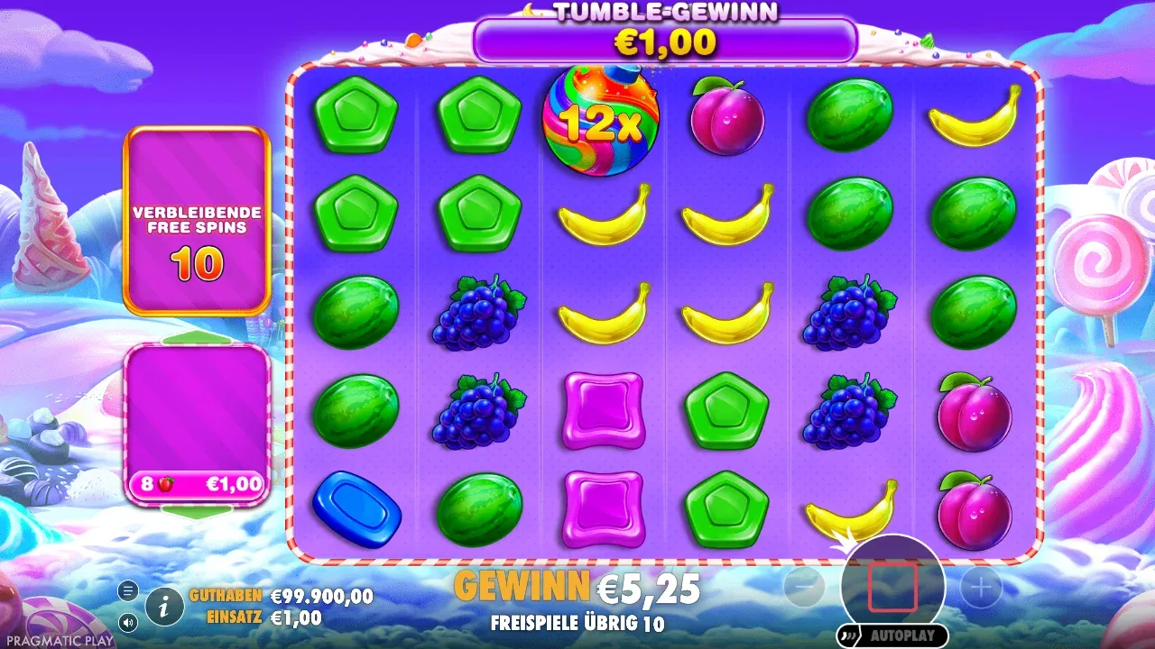 Sweet Bonanza 1000 Freispiele mit einer 12x-Bombe auf einer Gewinnkette