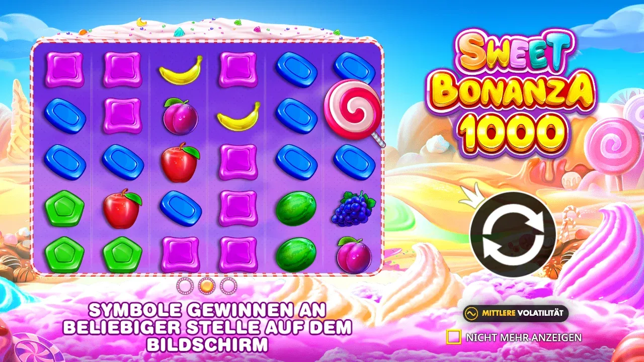 Intro der Sweet Bonanza 1000 Demo auf Deutsch mit dem Hinweis Symbole gewinnen an beliebiger Stelle und mittlerer Volatilität