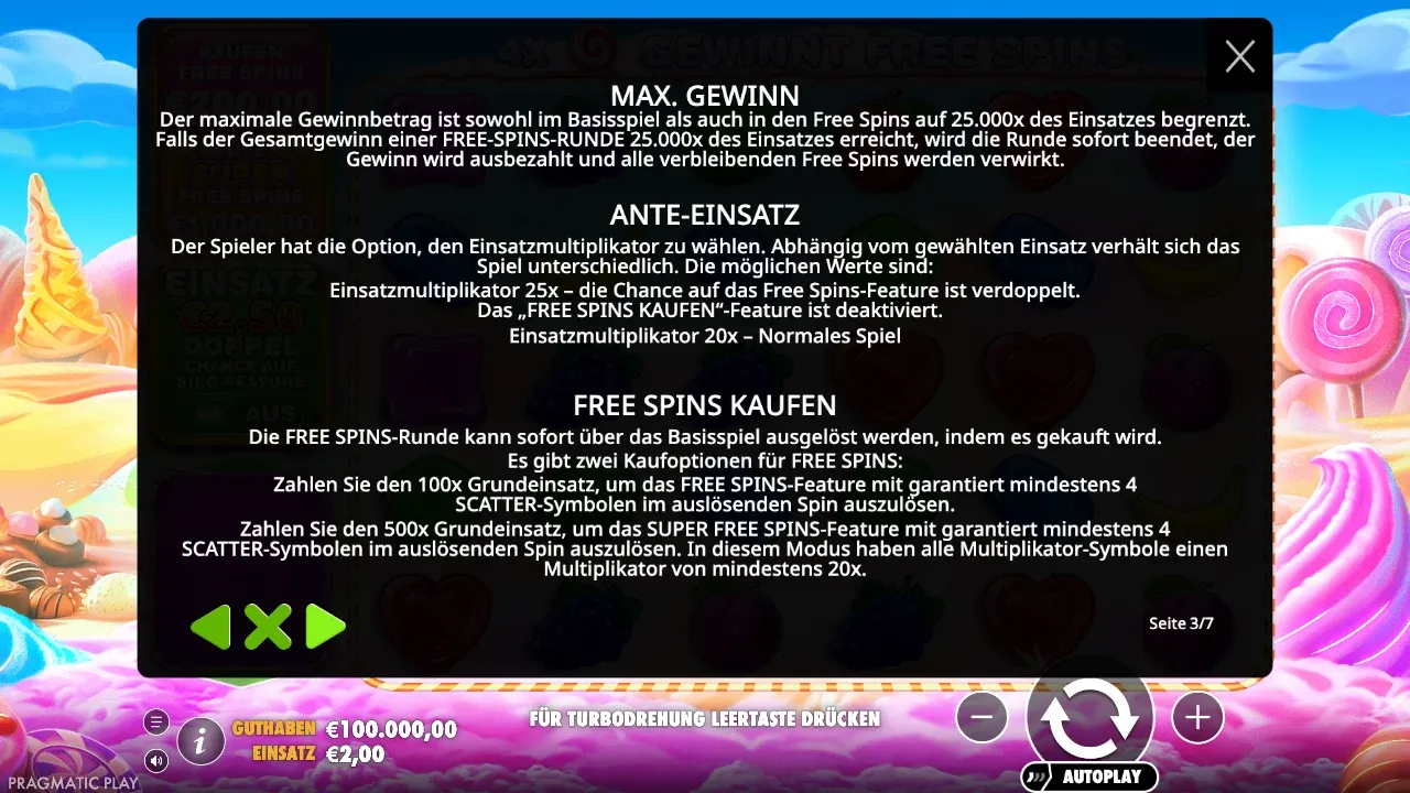 Spielregeln von Sweet Bonanza 1000: Höchstgewinn 25.000x, Ante-Einsatz und die zwei Kaufoptionen für 100x und 500x