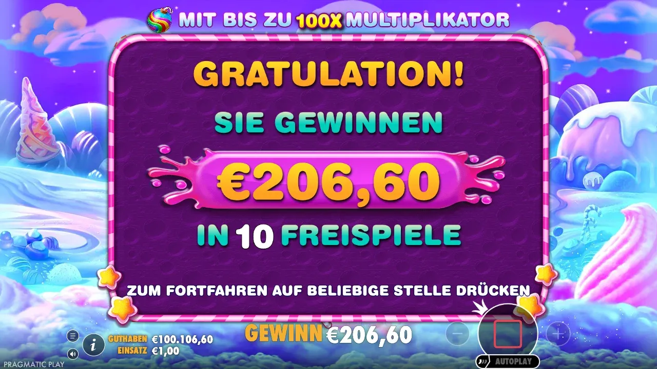 Sweet Bonanza Demo: Gratulation, Sie gewinnen 206,60 Euro in 10 Freispielen