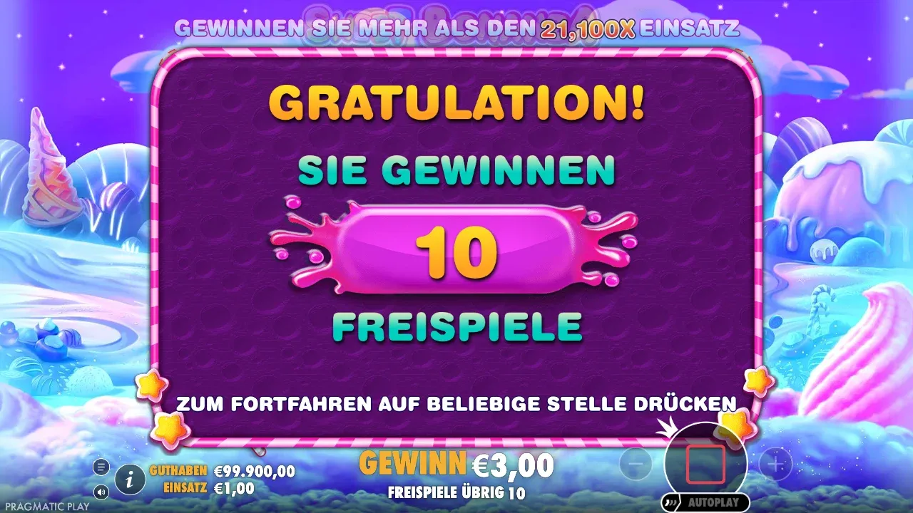 Sweet Bonanza: Gratulation, Sie gewinnen 10 Freispiele