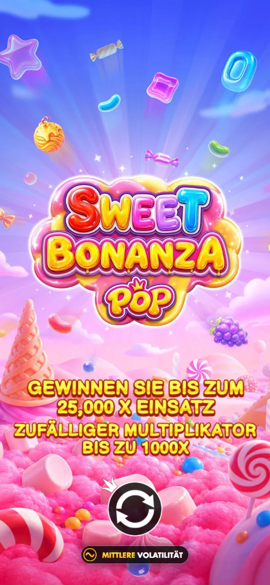 Intro von Sweet Bonanza POP im Hochformat: Gewinnen Sie bis zum 25.000x Einsatz, zufälliger Multiplikator bis zu 1000x
