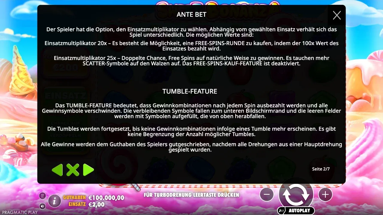 Spielregeln von Sweet Bonanza zur Ante Bet: doppelte Chance auf Freispiele