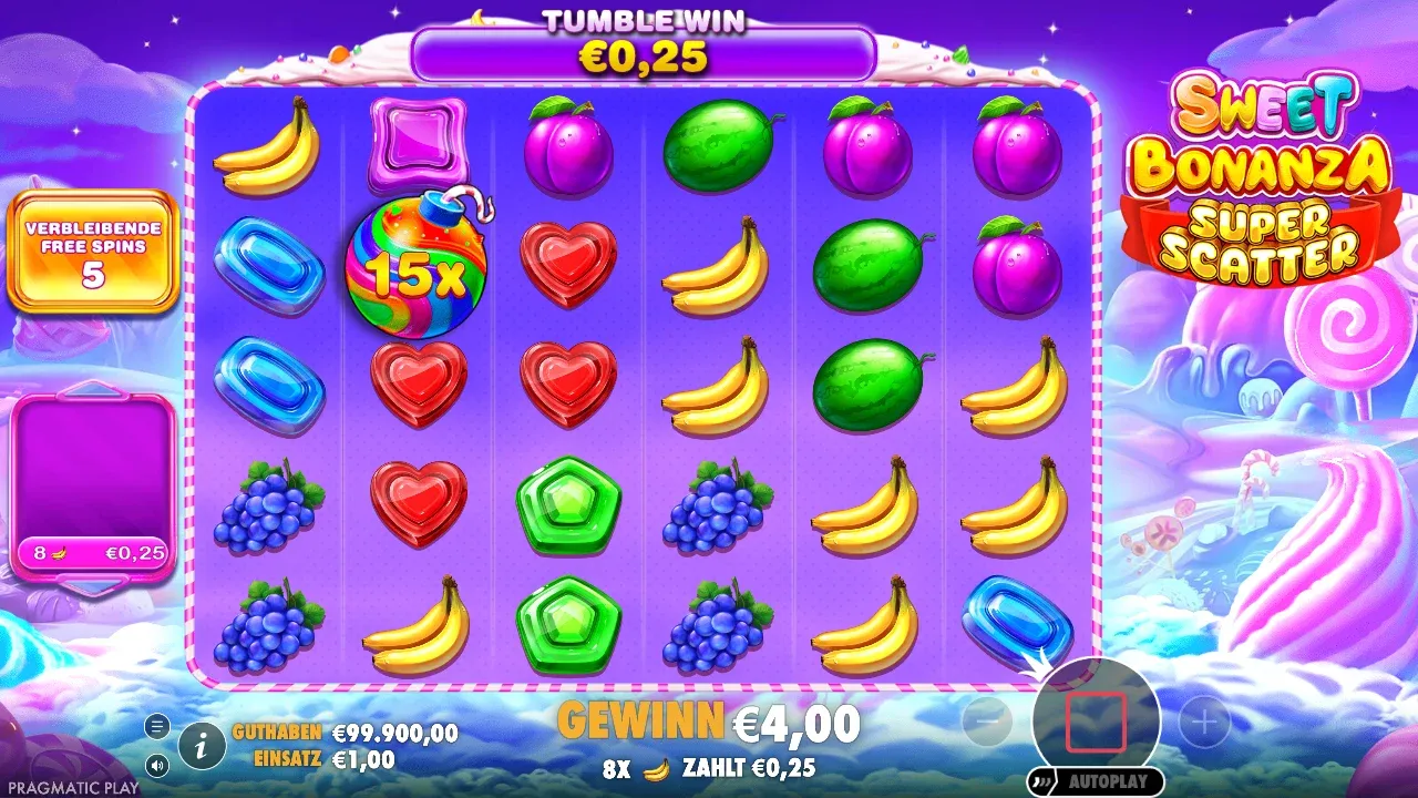 Sweet Bonanza Super Scatter Freispiele mit einer 15x-Bombe auf dem Raster