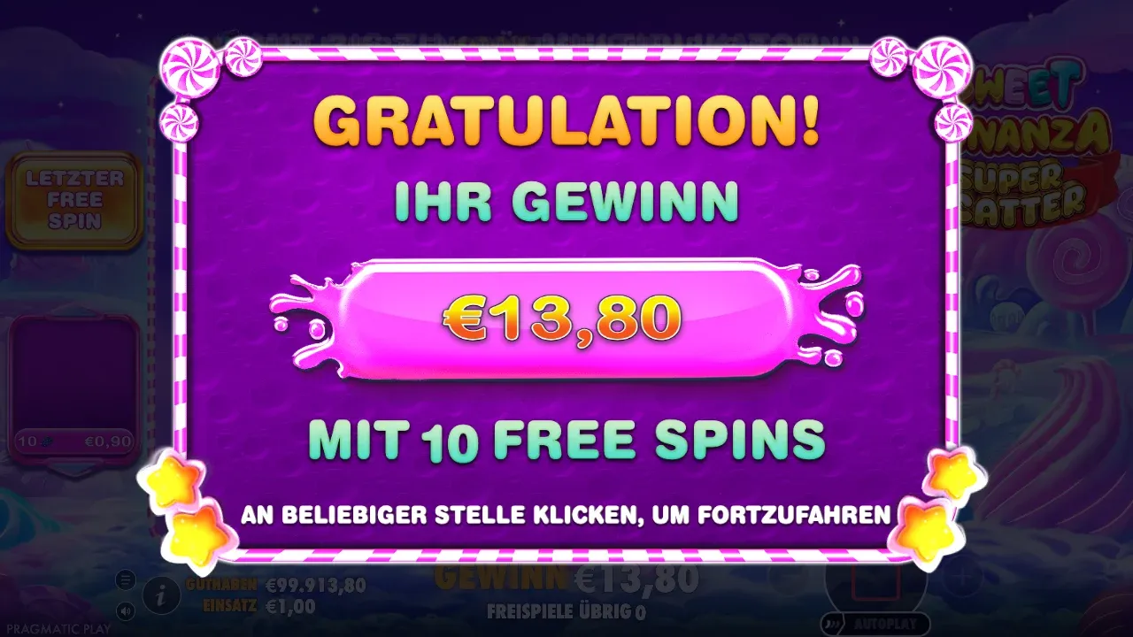 Sweet Bonanza Super Scatter Demo: Gratulation, Ihr Gewinn 13,80 Euro mit 10 Free Spins