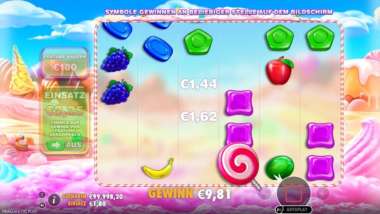 Sweet Bonanza Tumble: Gewinnsymbole sind verschwunden, neue Symbole fallen von oben nach