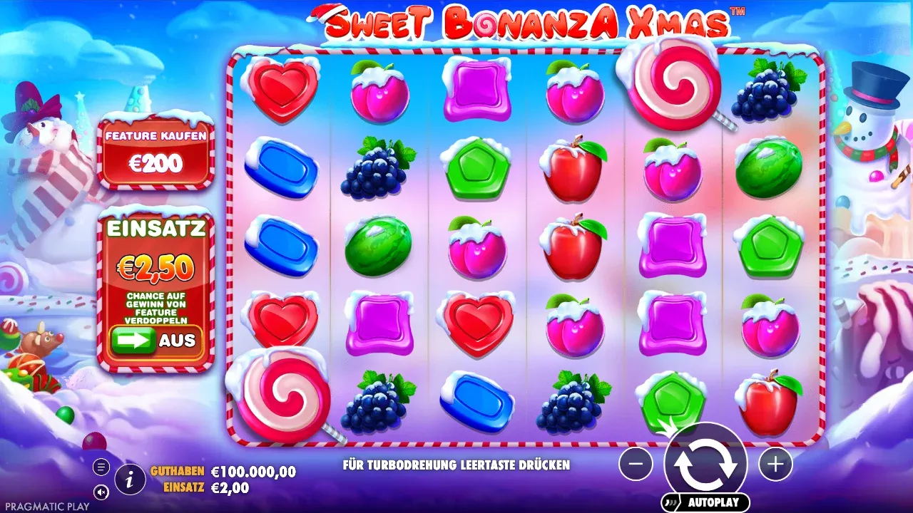 Sweet Bonanza Xmas in der deutschen Demo: verschneite Symbole und goldene Elemente